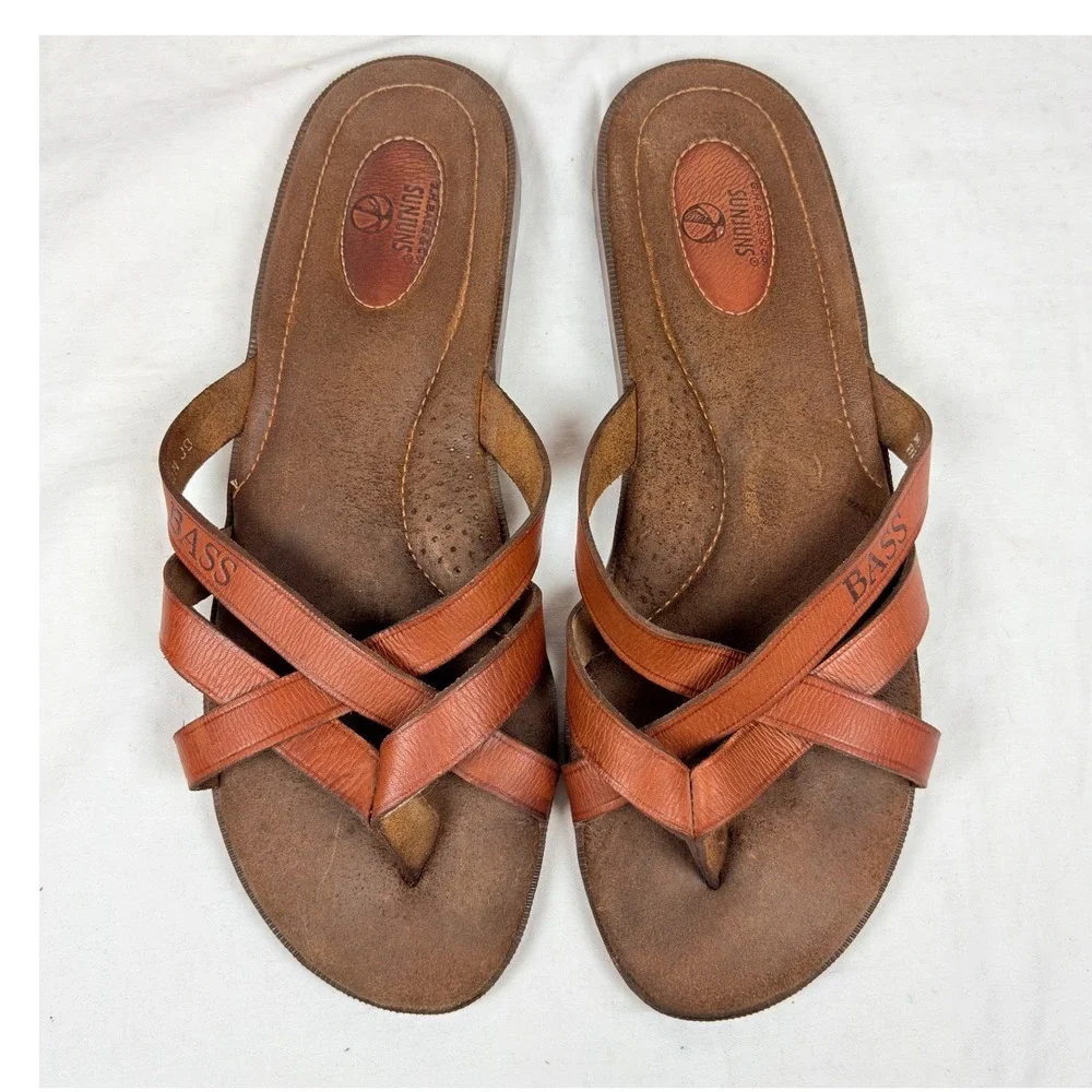 Vtg GH Bass Sunjuns Beach Bum Mens 12M Tan Leather Thong Sandals Brazil Classic